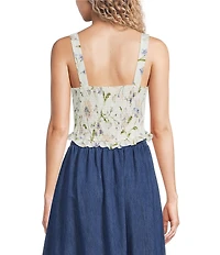 Blu Pepper Floral Printed Sweetheart Neck Lace Trim Cropped Tank Top