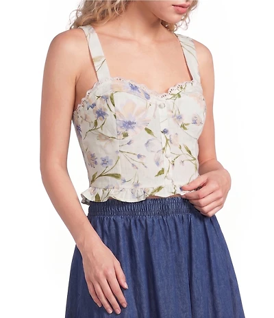Blu Pepper Floral Printed Sweetheart Neck Lace Trim Cropped Tank Top