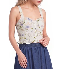 Blu Pepper Floral Printed Sweetheart Neck Lace Trim Cropped Tank Top