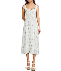 Blu Pepper Floral Printed Sweetheart Neck Ribbon Tie Shoulder Midi Dress