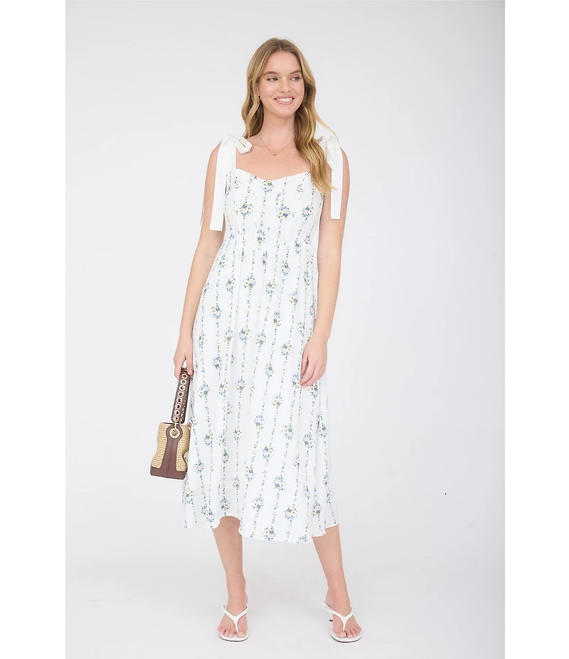 Blu Pepper Floral Printed Sweetheart Neck Ribbon Tie Shoulder Midi Dress