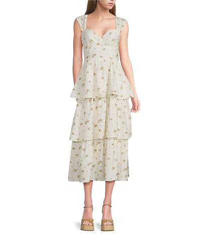 Blu Pepper Floral Printed Sweetheart Neck Tiered Midi Dress