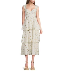 Blu Pepper Floral Printed Sweetheart Neck Tiered Midi Dress