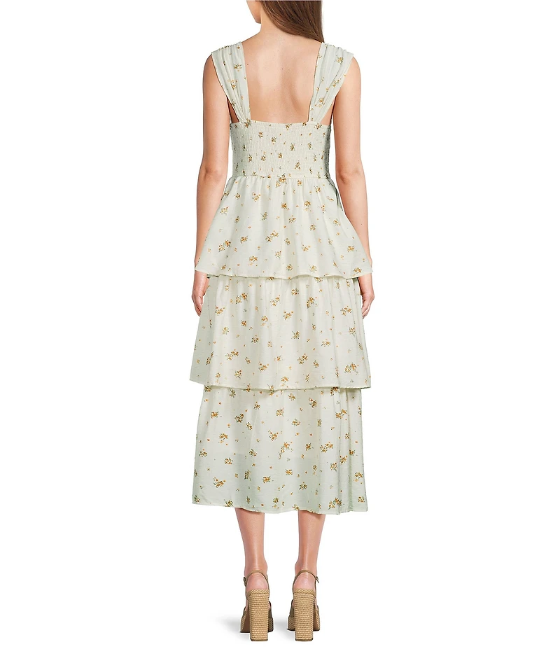 Blu Pepper Floral Printed Sweetheart Neck Tiered Midi Dress
