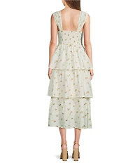 Blu Pepper Floral Printed Sweetheart Neck Tiered Midi Dress