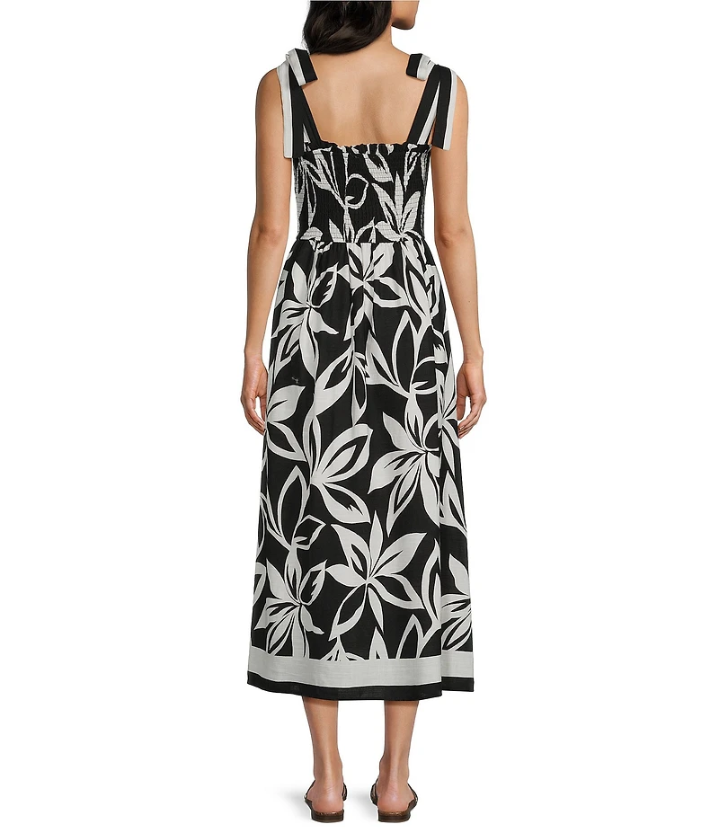 Blu Pepper Floral Printed Tie Shoulder Smocked Midi Dress
