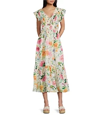 Blu Pepper Floral Printed V-Neck Smocked Tiered Maxi Dress