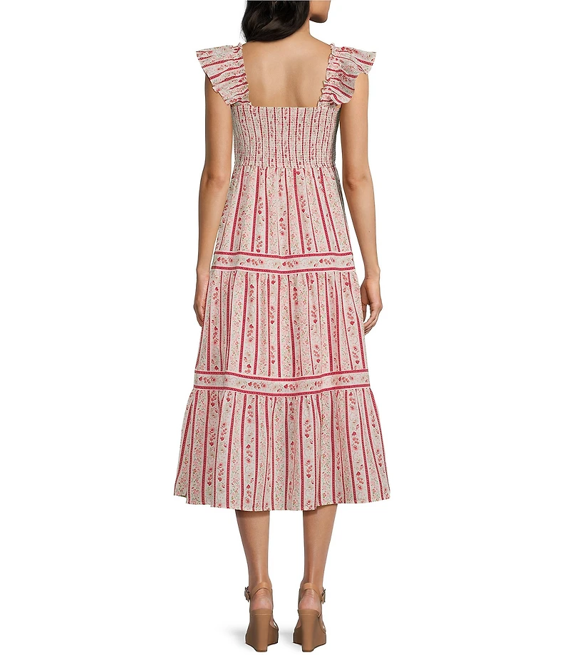 Blu Pepper Floral Striped Print Square Neck Ruffle Sleeve Midi Dress