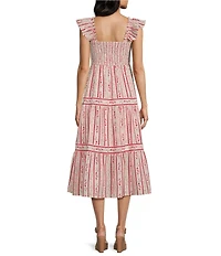 Blu Pepper Floral Striped Print Square Neck Ruffle Sleeve Midi Dress