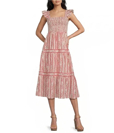 Blu Pepper Floral Striped Print Square Neck Ruffle Sleeve Midi Dress