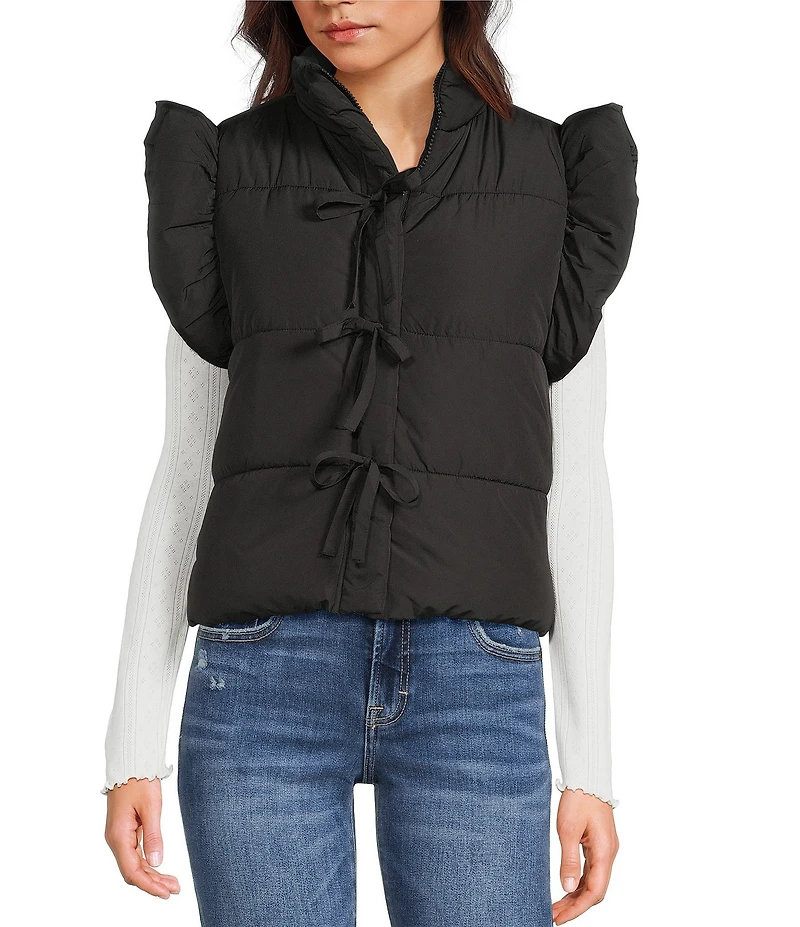 Blu Pepper Flutter Sleeve Bow Detail Zip-Up Puffer Vest