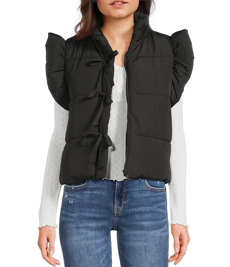 Blu Pepper Flutter Sleeve Bow Detail Zip-Up Puffer Vest