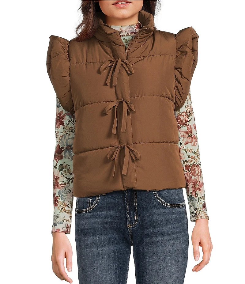 Blu Pepper Flutter Sleeve Bow Detail Zip-Up Puffer Vest