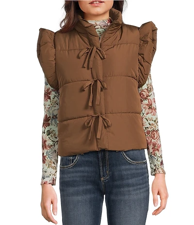 Blu Pepper Flutter Sleeve Bow Detail Zip-Up Puffer Vest