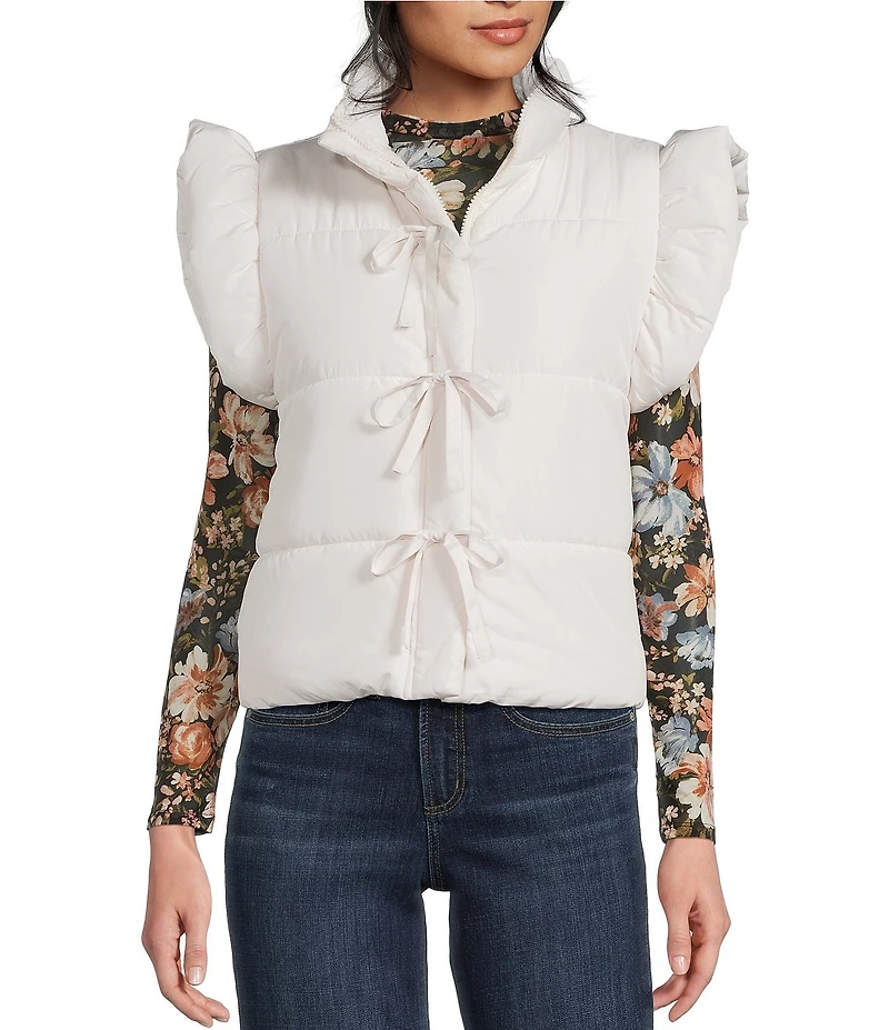 Blu Pepper Flutter Sleeve Bow Detail Zip-Up Puffer Vest