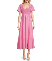 Blu Pepper Flutter Sleeve Smocked V-Neck Midi Dress