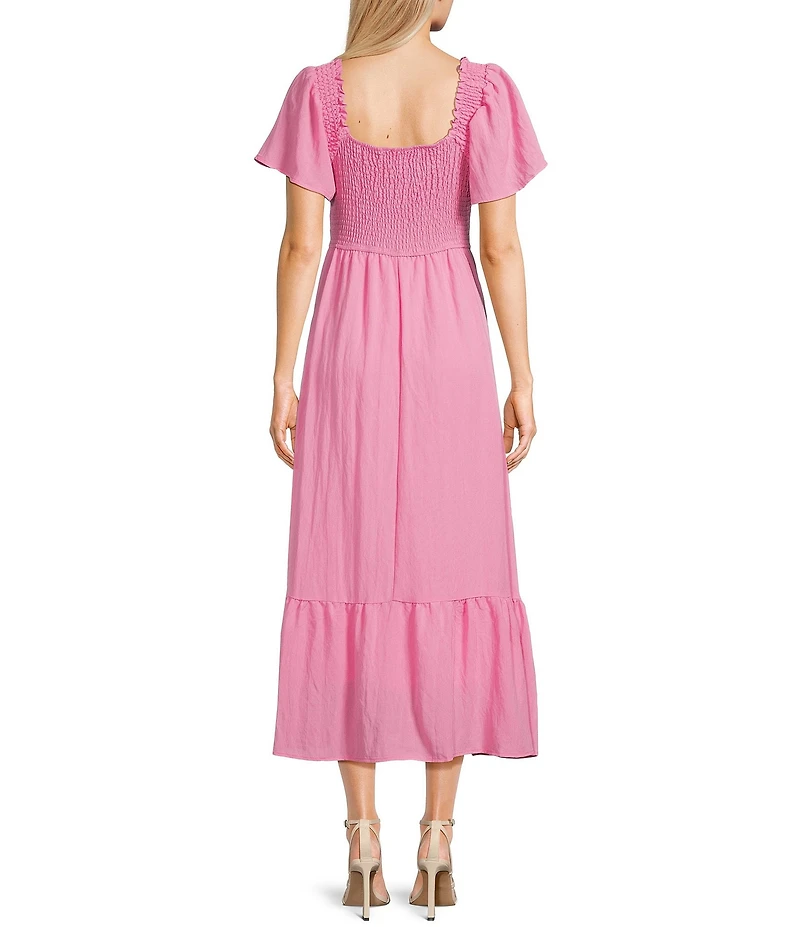 Blu Pepper Flutter Sleeve Smocked V-Neck Midi Dress