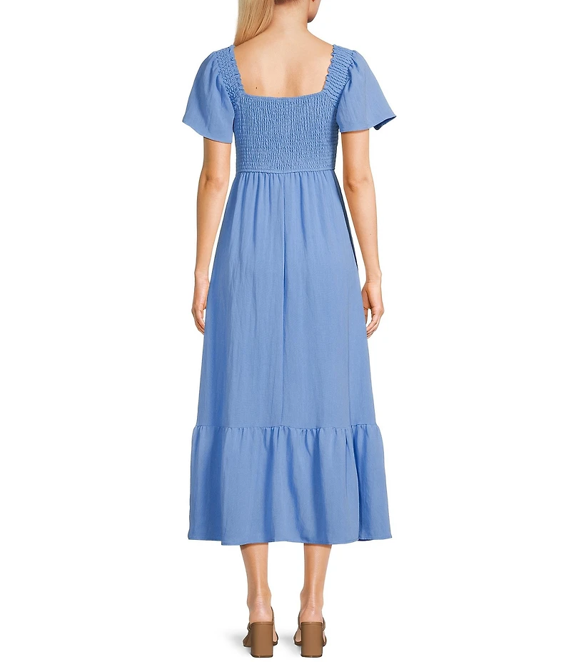 Blu Pepper Flutter Sleeve Smocked V-Neck Midi Dress