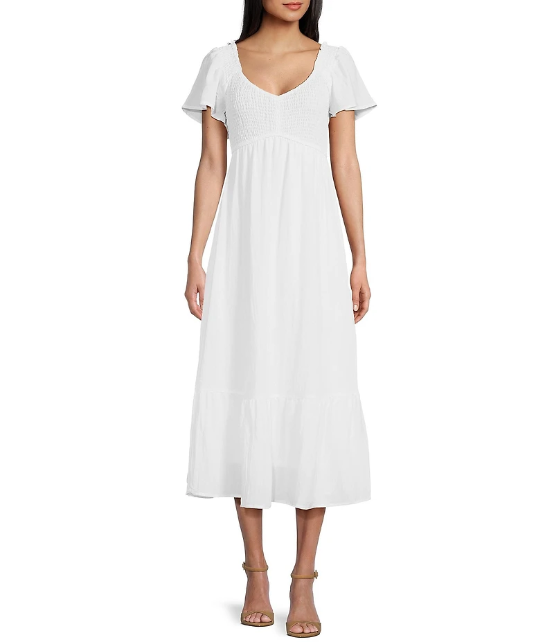 Blu Pepper Flutter Sleeve Smocked V-Neck Midi Dress