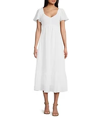 Blu Pepper Flutter Sleeve Smocked V-Neck Midi Dress