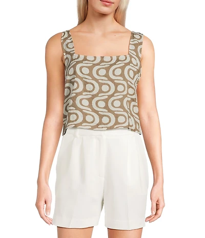 Blu Pepper Geometric Pattern Square Neck Cropped Tie Back Coordinating Tank Top