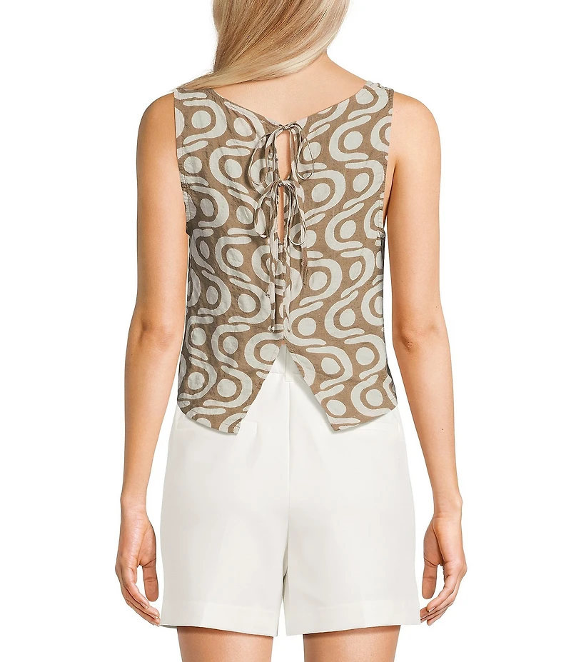 Blu Pepper Geometric Pattern Square Neck Cropped Tie Back Coordinating Tank Top