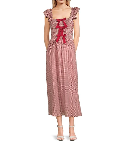 Blu Pepper Gingham Print Square Neck Bow Front Midi Dress