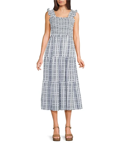 Blu Pepper Gingham Square Neck Ruffle Sleeve Smocked Midi Dress