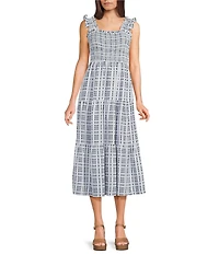 Blu Pepper Gingham Square Neck Ruffle Sleeve Smocked Midi Dress