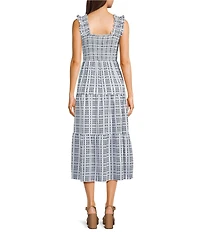 Blu Pepper Gingham Square Neck Ruffle Sleeve Smocked Midi Dress
