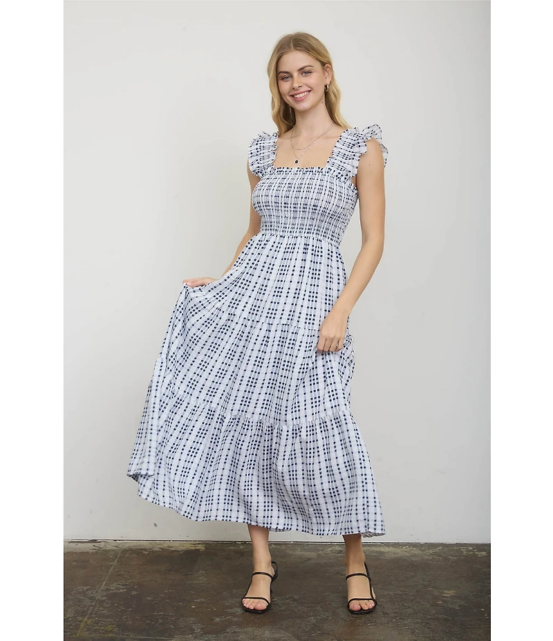Blu Pepper Gingham Square Neck Ruffle Sleeve Smocked Midi Dress