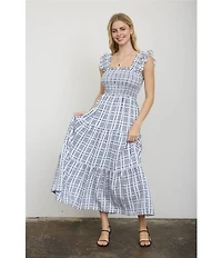 Blu Pepper Gingham Square Neck Ruffle Sleeve Smocked Midi Dress