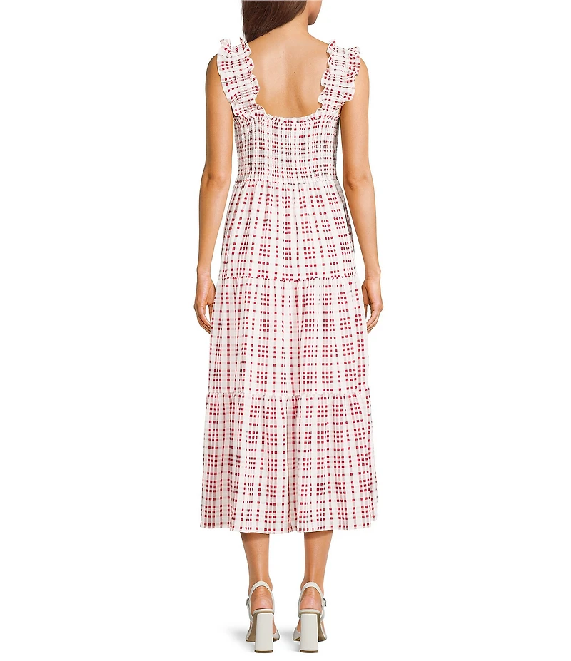 Blu Pepper Gingham Square Neck Ruffle Sleeve Smocked Midi Dress