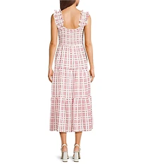 Blu Pepper Gingham Square Neck Ruffle Sleeve Smocked Midi Dress