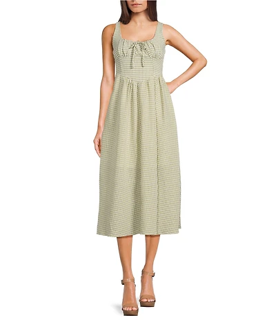 Blu Pepper Gingham Square Neck Tie Front Midi Dress