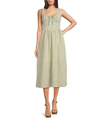 Blu Pepper Gingham Square Neck Tie Front Midi Dress