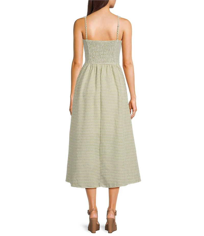 Blu Pepper Gingham Square Neck Tie Front Midi Dress