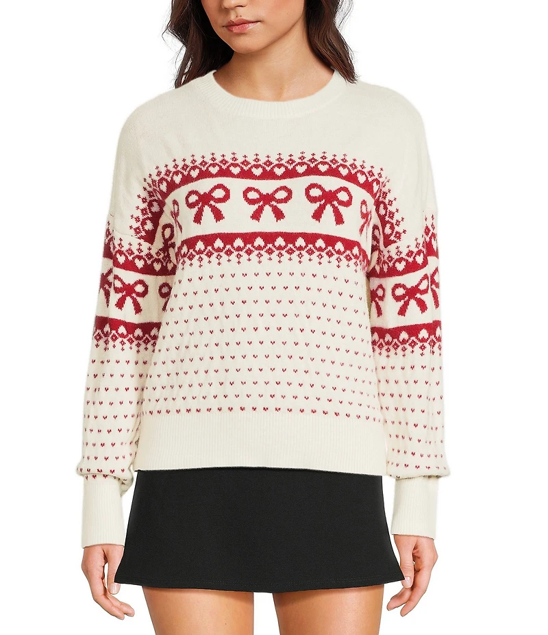 Blu Pepper Jacquard Knit Bow Heart Long Sleeve Sweater