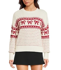 Blu Pepper Jacquard Knit Bow Heart Long Sleeve Sweater