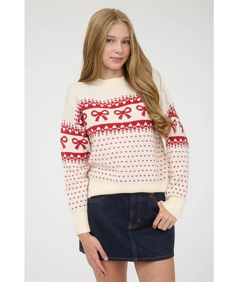 Blu Pepper Jacquard Knit Bow Heart Long Sleeve Sweater