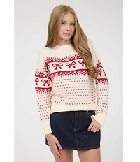 Blu Pepper Jacquard Knit Bow Heart Long Sleeve Sweater
