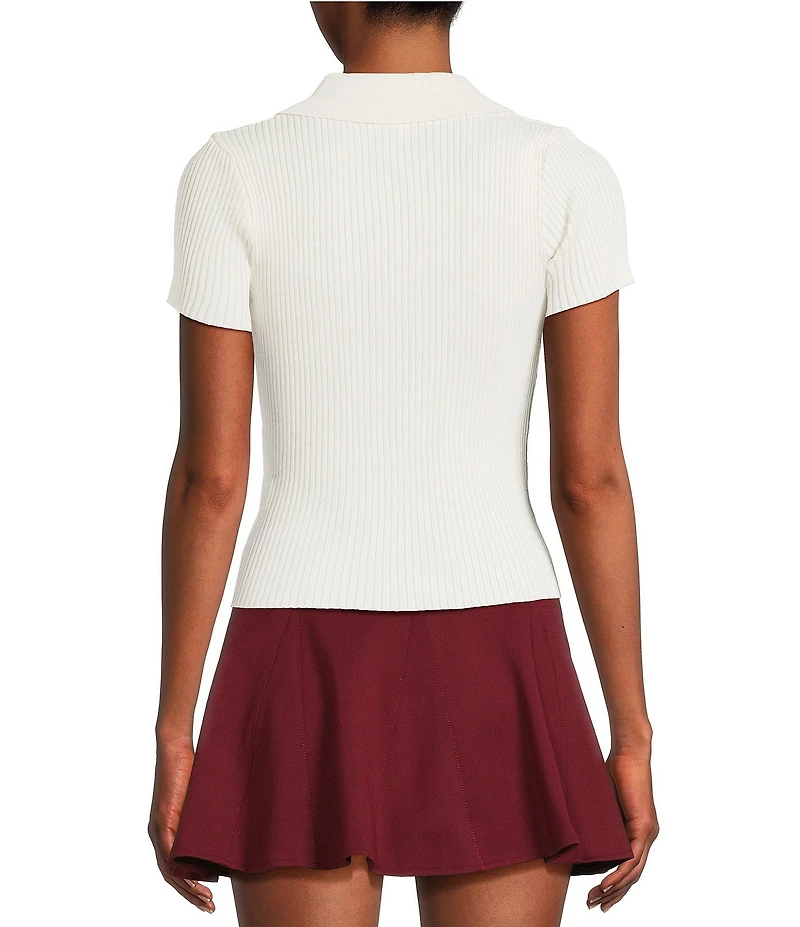 Blu Pepper Knit Collared Short Sleeve Front Zip Top