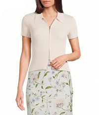 Blu Pepper Knit Collared Short Sleeve Front Zip Top