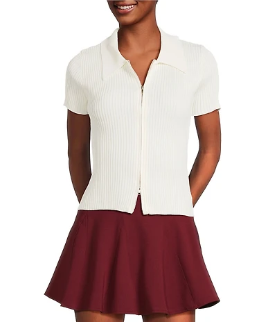 Blu Pepper Knit Collared Short Sleeve Front Zip Top