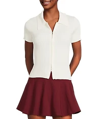Blu Pepper Knit Collared Short Sleeve Front Zip Top