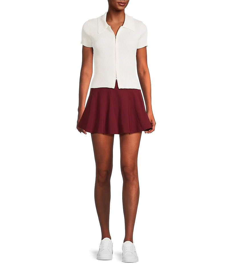 Blu Pepper Knit Collared Short Sleeve Front Zip Top
