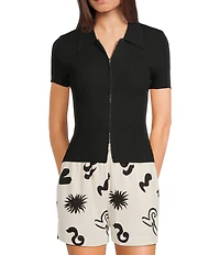 Blu Pepper Knit Collared Short Sleeve Front Zip Top