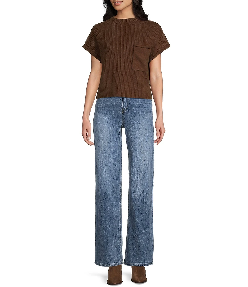 Blu Pepper Knit Mock Neck Front Pocket Short Sleeve Sweater