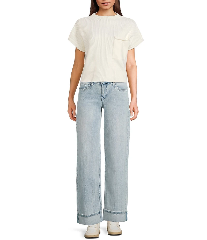 Blu Pepper Knit Mock Neck Front Pocket Short Sleeve Sweater