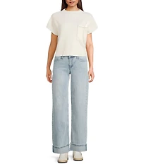 Blu Pepper Knit Mock Neck Front Pocket Short Sleeve Sweater